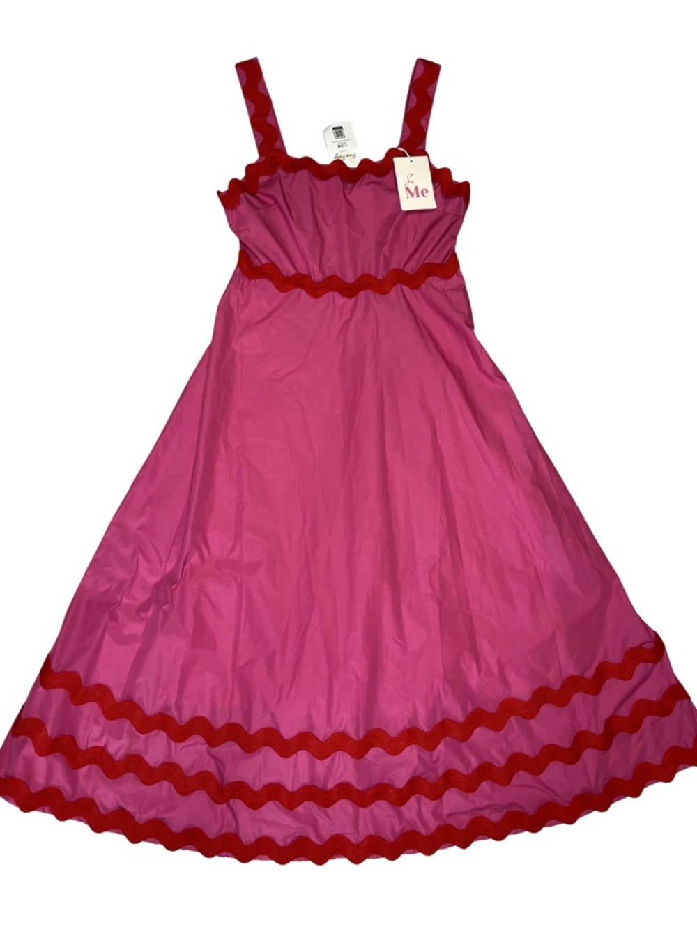 So Me Poppy Midi Dress Pink Red Ric Rac Trim Sleeveless A-Line Fit & Flare Med
